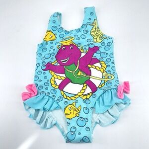Barney Girls One Piece Swimsuit 12 Month Scuba Diving Fish Seahorse Ruffles Vtg